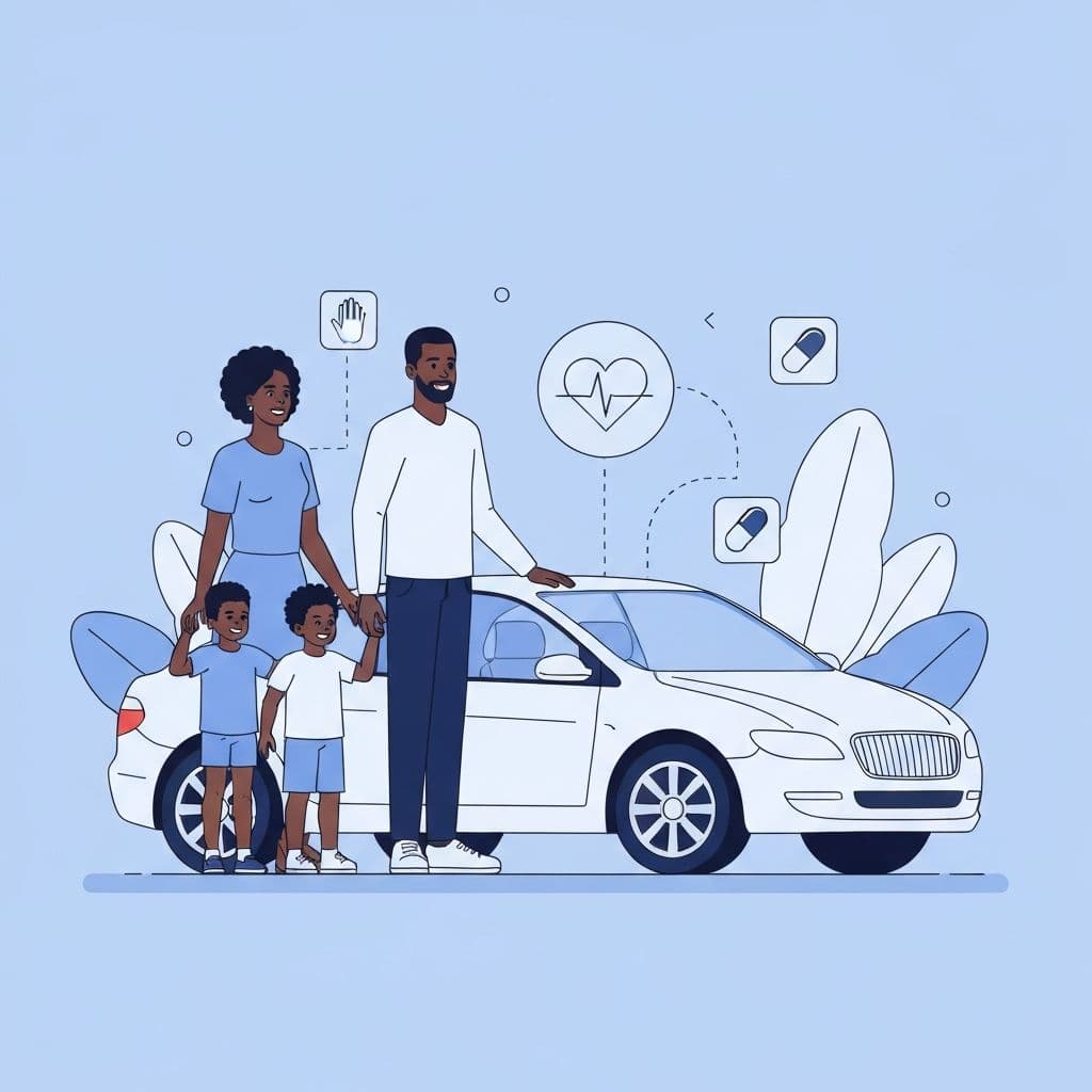 Family with car and health symbols